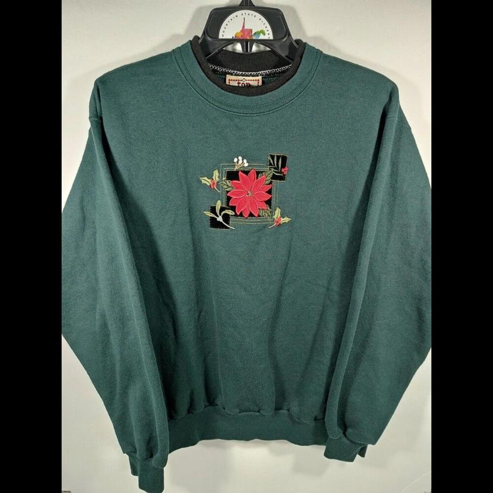 Top Stitch By Morning Sun Sweatshirt Womens Size Large Dark Green Red Poinsettia